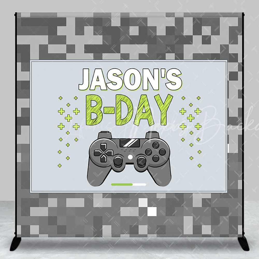 Party Games Name - グレーピクセルゲームズナイトカスタム名誕生日背景幕 男の子用、ビデオゲーム写真背景フォトブース小道具