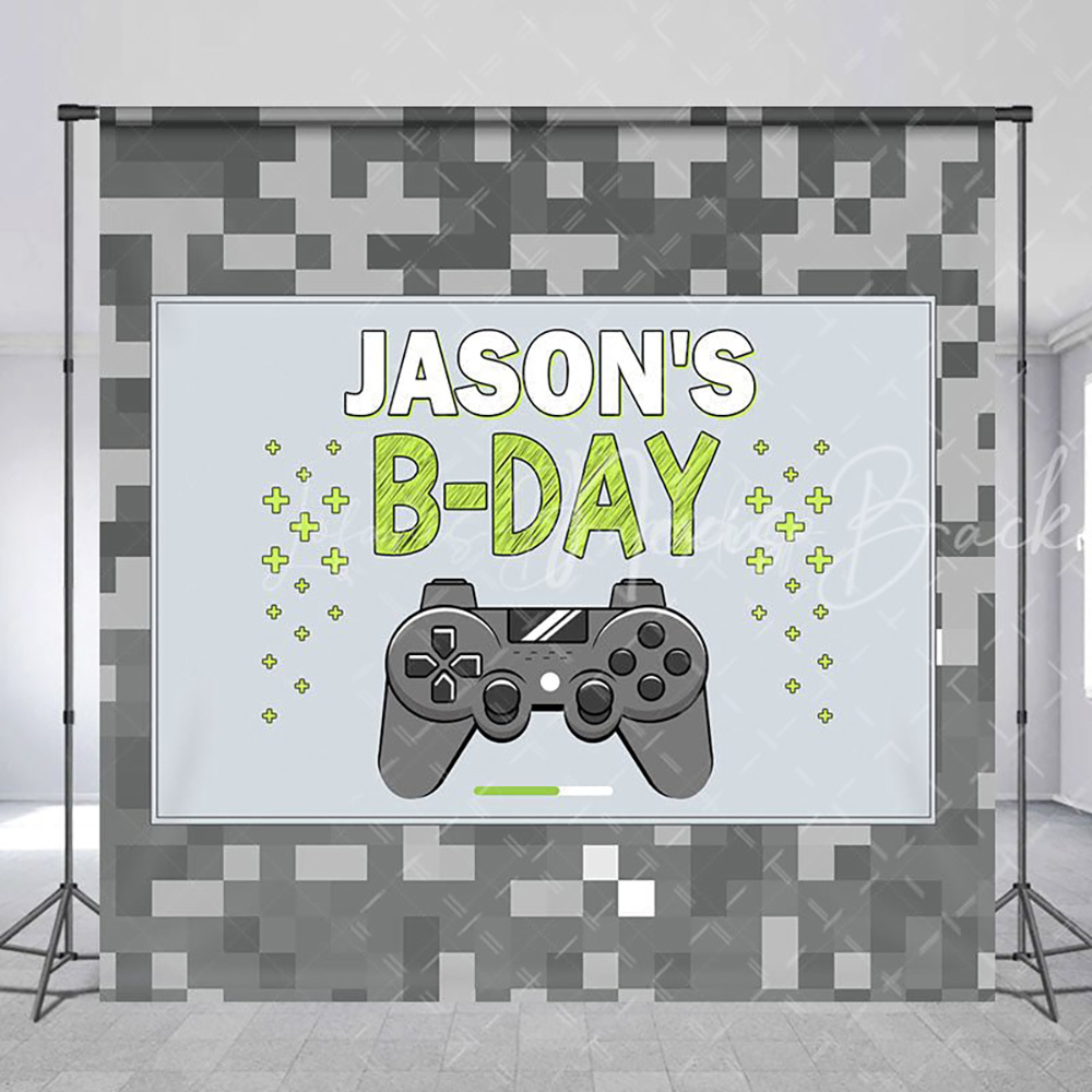 グレーピクセルゲームズナイトカスタム名誕生日背景幕 男の子用 - Party Games Name のレビューと価格